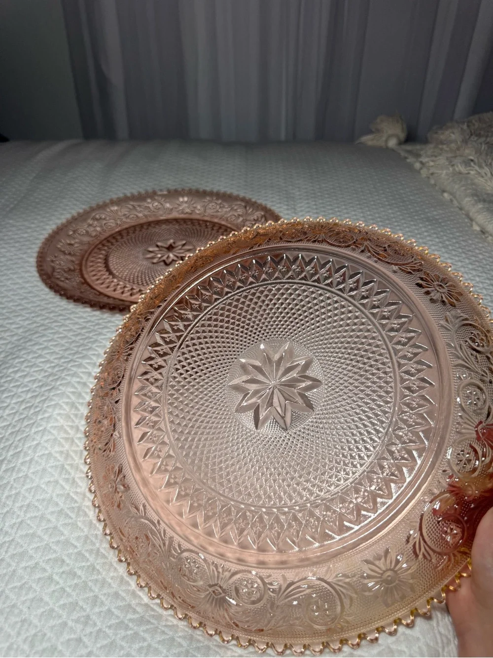 Vintage Tiara Indiana Glass Pink Peach Sandwich 12” Plates Set of 2